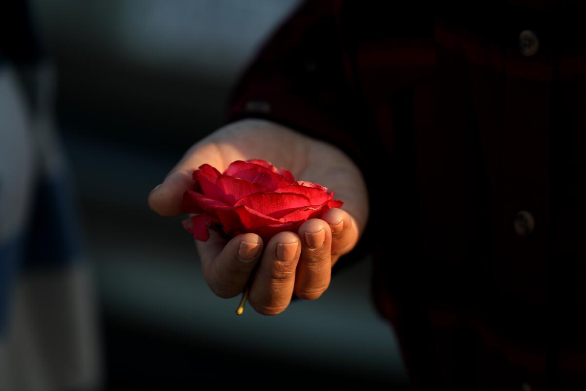 Sonia Bravo, 34, holds a flower given to her by her son Joseph Bravo, 7.