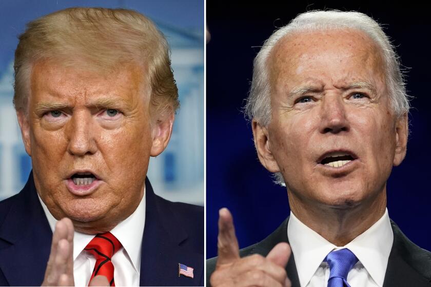 President Donald Trump speaks at a news conference in the James Brady Press Briefing Room at the White House, (right) Democratic Nominee for President Joe Biden speaks diring the DNC.