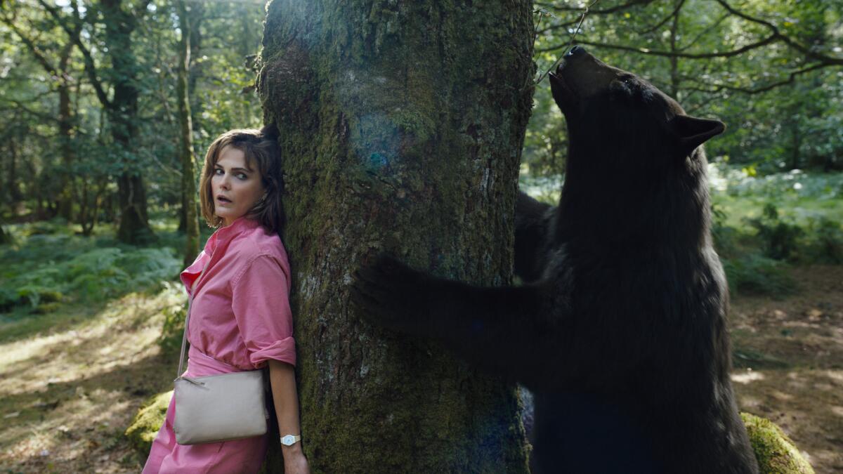 woman with her back to a tree, which a bear is on the other side of 