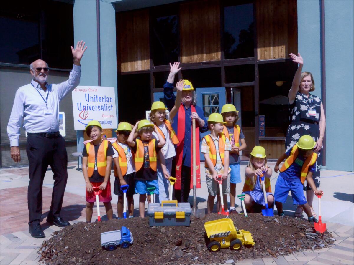 Orange Coast Unitarian Universal Church leaders, including Rev. Sian Wiltshire,  in a Sept. 1 groundbreaking ceremony.