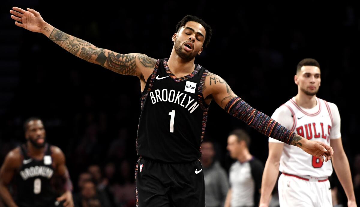 Nets point guard D'Angelo Russell reacts after a score against the Bulls during a game on Feb. 8.