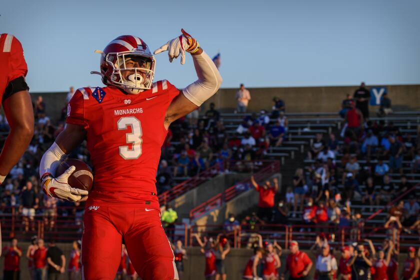 Duncanville, TX - August 27: Mater Dei Monarchs cornerback Domani Jackson (3) returns an interception for a touchdown against the Duncanville Panthers during the game in Panther Stadium on Friday, Aug. 27, 2021 in Duncanville, TX. (Jerome Miron / For the LA Times)