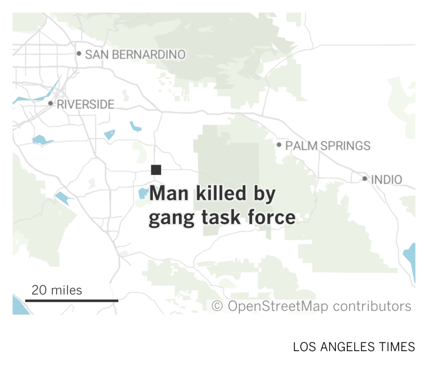 A map of the Inland Empire shows where a man was fatally shot by a Riverside County gang task force in Hemet.