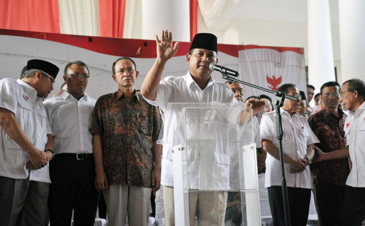 Indonesian presidential candidate Prabowo Subianto delivers his statement prior to the election count announcement in Jakarta on July 22, 2014. Subianto said on July 22 he was withdrawing from the election process, as his opponent Joko Widodo was poised to be declared the winner. AFP PHOTO / Bay ISMOYOBAY ISMOYO/AFP/Getty Images ** OUTS - ELSENT, FPG - OUTS * NM, PH, VA if sourced by CT, LA or MoD **