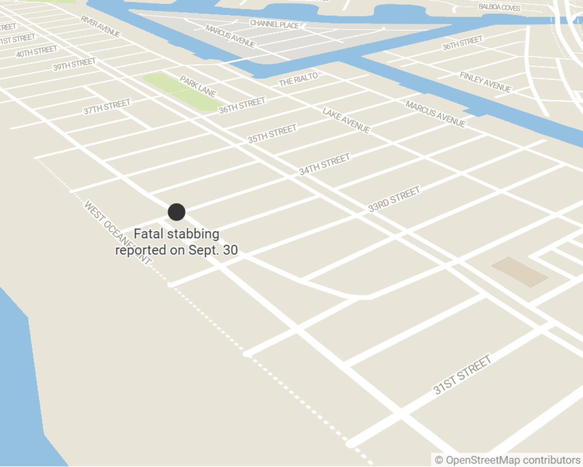Map showing location in Newport Beach of a fatal stabbing.