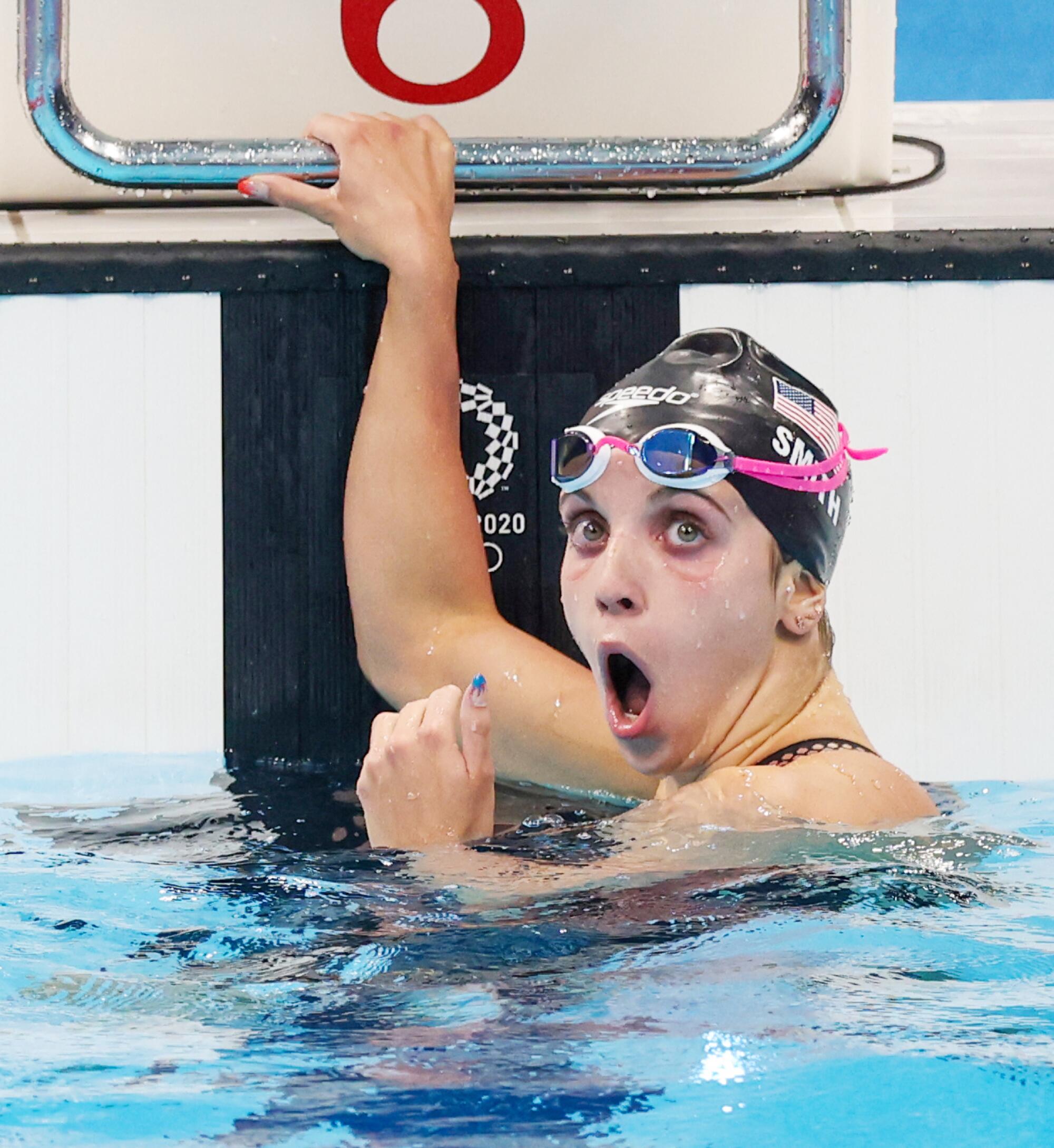 USA's Regan Smith reacts after seeing that she won the silver medal in the 200-meter butterfly.