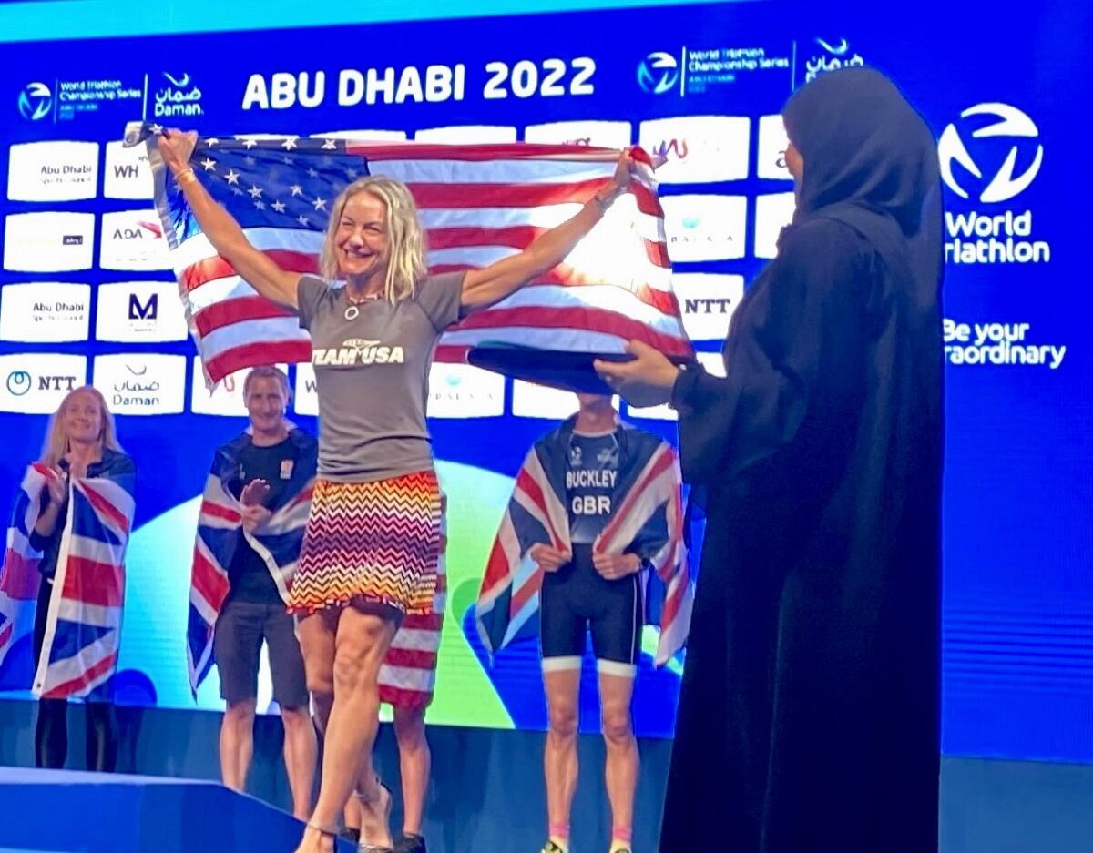 La Jollan Marisa Rastetter won at the 2022 World Triathlon Championships in the Supersprint distance for her age group.