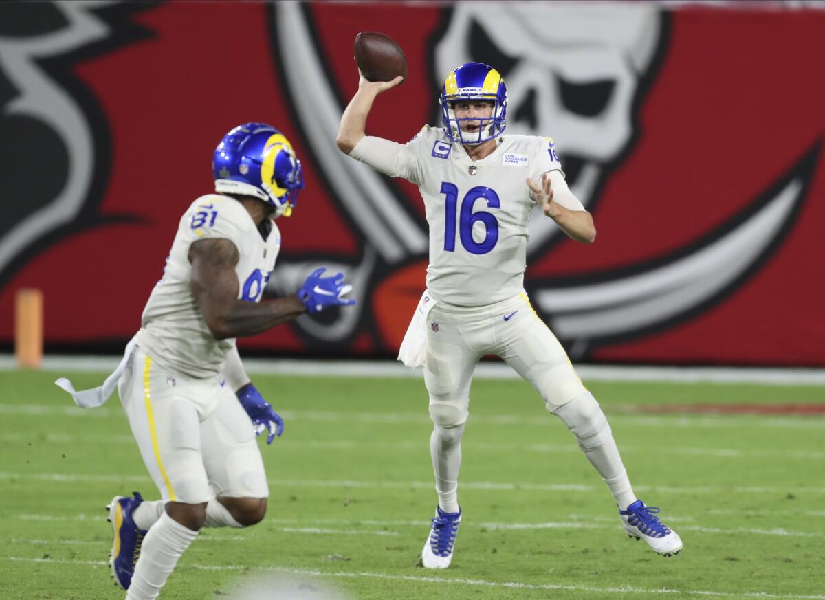 Rams quarterback Jared Goff throws a pass to tight end Gerald Everett during a win over the Tampa Bay Buccaneers.