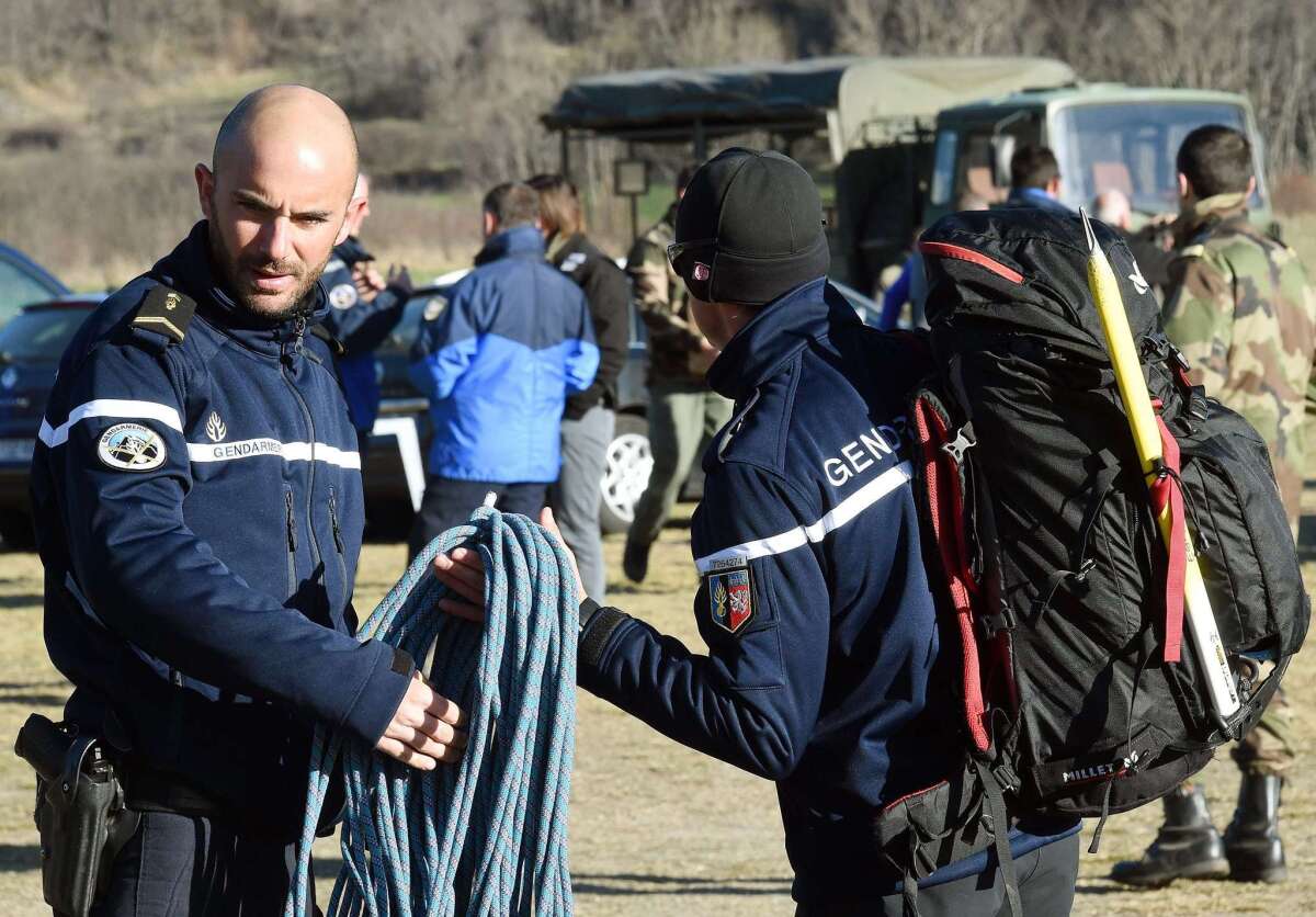 French gendarmes get ready to join recovery operations at the crash site of Germanwings Flight 9525 on April 2.