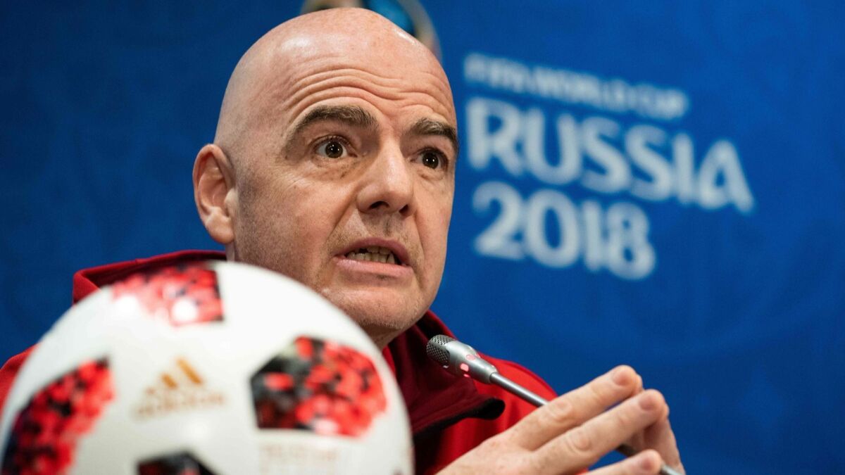 FIFA president Gianni Infantino speaks at a news conference in Moscow on July 13.
