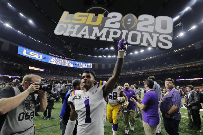 LSU cornerback Kristian Fulton leaves the field after a NCAA College Football Playoff national championship game against Clemson, Monday, Jan. 13, 2020, in New Orleans. LSU won 42-25. (AP Photo/Gerald Herbert)