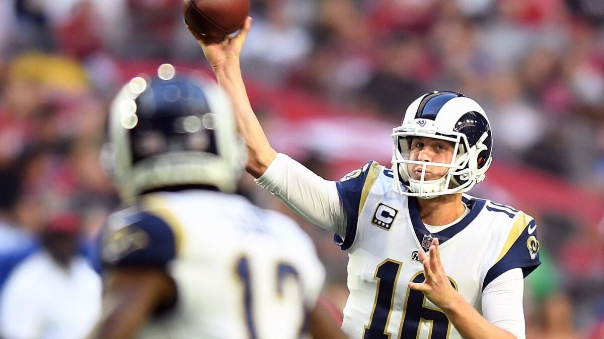 Rams quarterback Jared Goff throws a pass against the Arizona Cardinals at State Farm Stadium on Sunday.