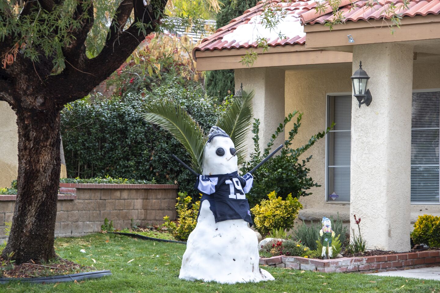 A snowman wearing a football jersey and palm frond wings sits on a lawn on Desert View Dr. as high desert snow melts in the Antelope Valley town of Palmdale in Palmdale, Calif., on Dec. 1, 2019.