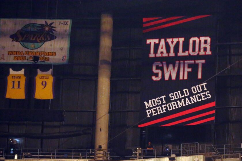 A banner honoring Taylor Swift is seen during the "1989" world tour at Staples Center on Saturday, Aug. 22, 2015 in Los Angeles. (Photo by Matt Sayles/Invision/AP)