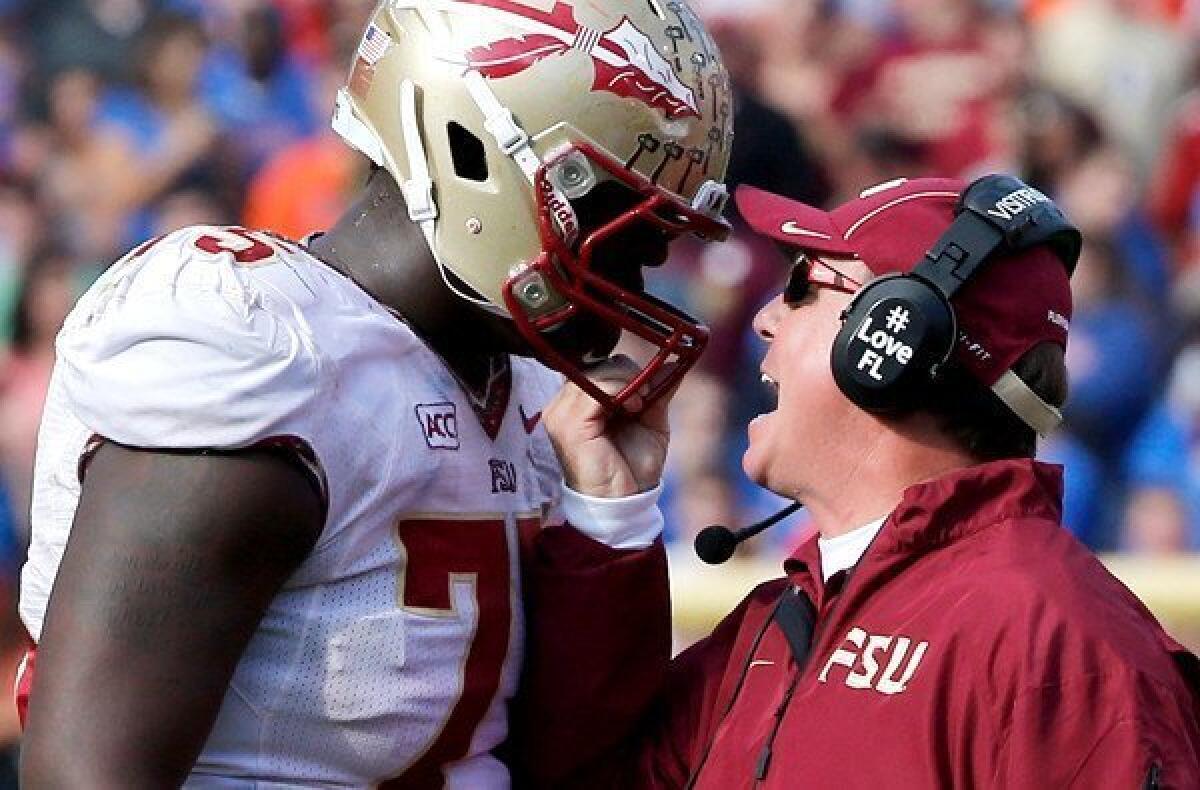 Florida State Coach Jimbo Fisher, having an up-close discussion with Cameron Erving, has plenty to be yelling about Sunday, when the Seminoles rose to No. 1 in the latest BCS standings.