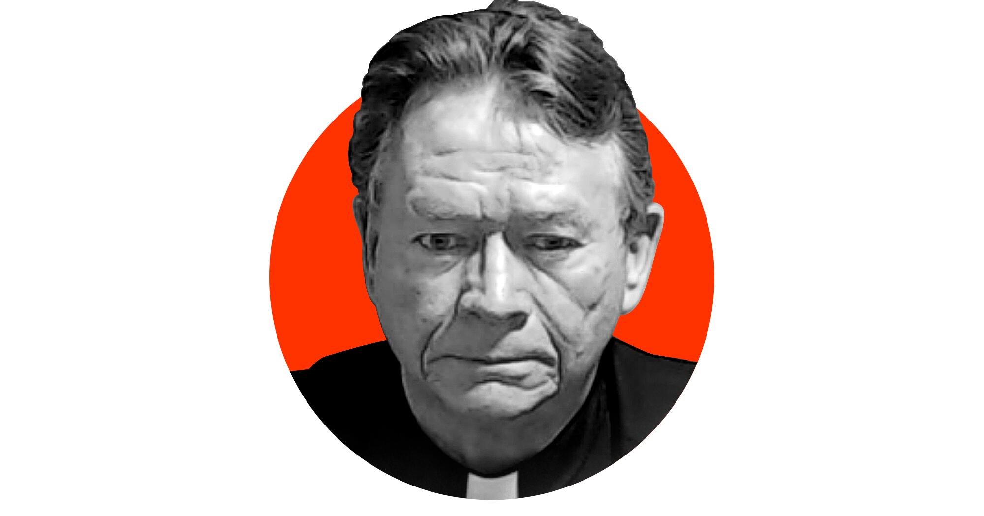 A photo illustration of a black-and-white police booking photo of the Rev. Stephen Lee emerging from a red circle