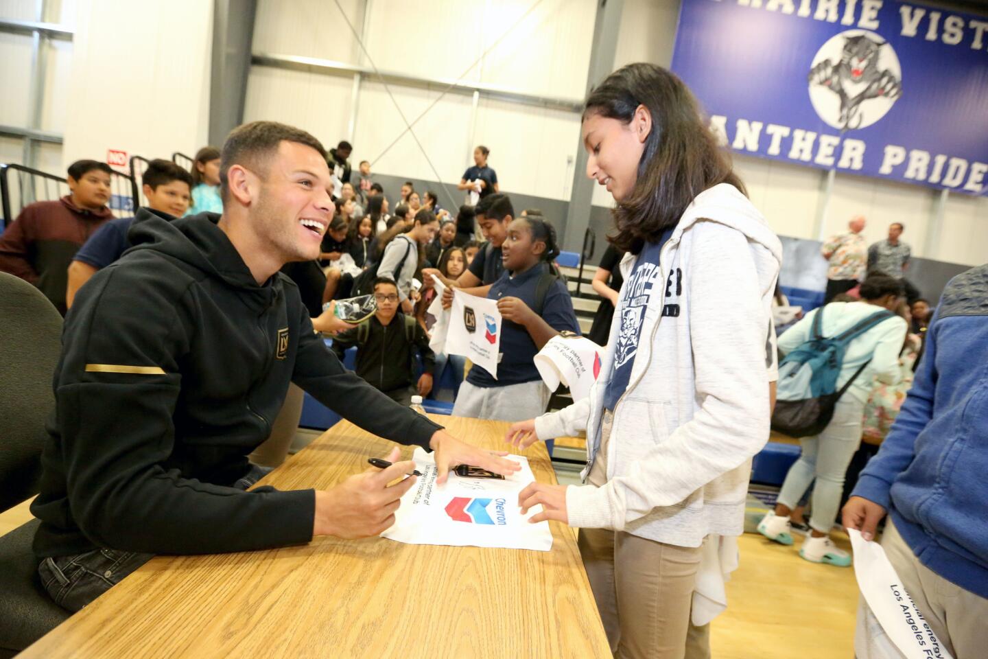 LAFC Player Christian Ramirez Surprises Students at Prairie Vista Middle School During Chevron's Fuel Your School Event on Monday, Oct. 22, 2018 in Hawthorne, Calif. (Casey Rodgers/AP Images for Chevron)
