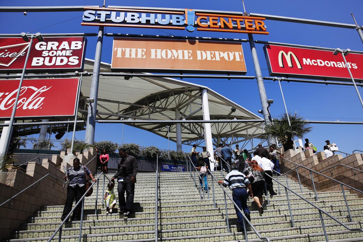 CARSON, CA -- JUNE 6, 2013--Signage is changed over from "Home Depot Center" to "StubHub Center," as StubHub has paid for naming rights of the stadium and associated facilities in Carson, photographed June 6, 2013. (Jay L. Clendenin / Los Angeles Times)