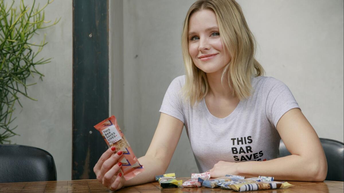 Kristen Bell and her new snack bar, called This Bar Saves Lives.