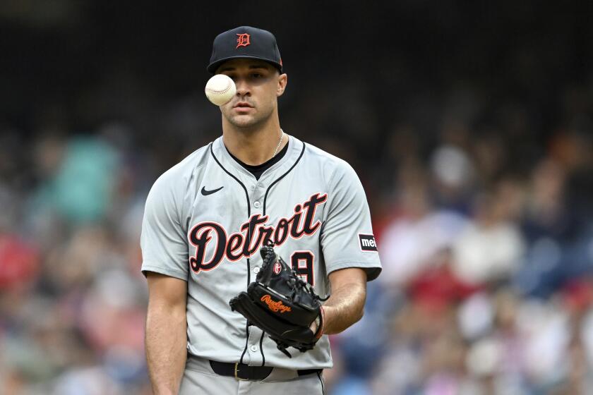 Detroit Tigers starting pitcher Jack Flaherty looks on during the third inning of a baseball game against the Cleveland Guardians, Wednesday, July 24, 2024, in Cleveland. (AP Photo/Nick Cammett)