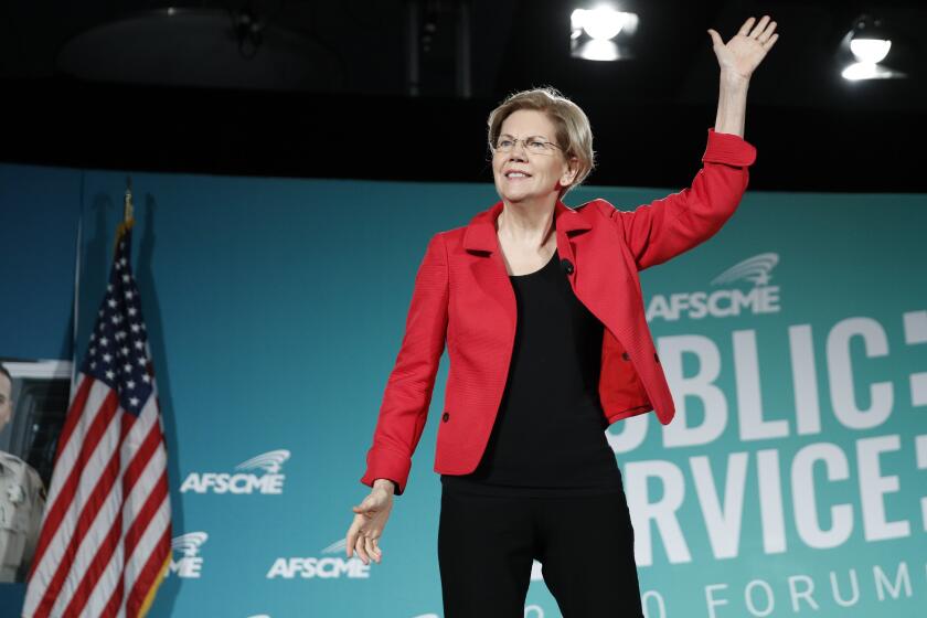 Democratic presidential candidate Sen. Elizabeth Warren, D-Mass., speaks during a candidate forum on labor issues Saturday, Aug. 3, 2019, in Las Vegas. (AP Photo/John Locher)