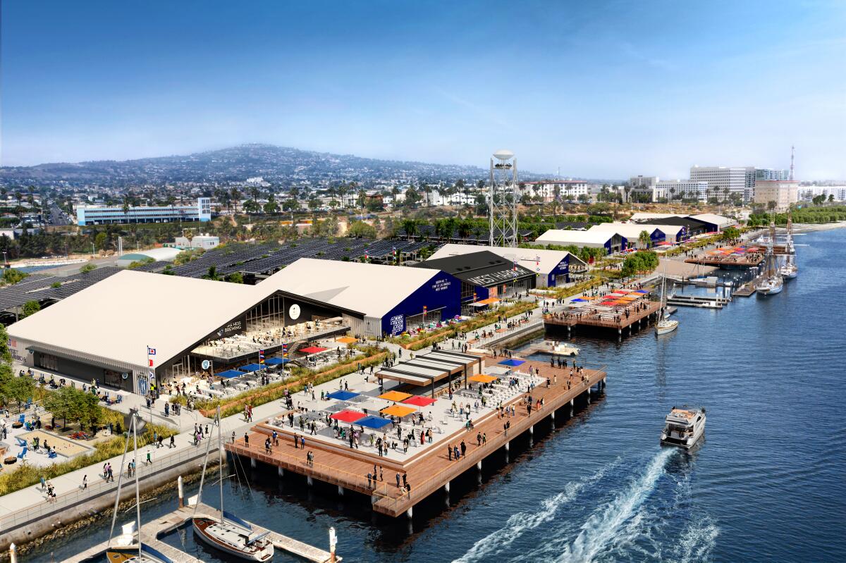 An artist rendering of several large buildings along a waterfront and an open air platform filled with people on the water