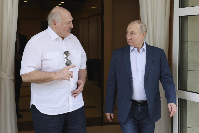 FILE - Russian President Vladimir Putin, right, and Belarusian President Alexander Lukashenko speak during their meeting at the Bocharov Ruchei residence in the resort city of Sochi, Russia, Friday, June 9, 2023. The international Red Cross is calling for the ouster of the head of the Belarus Red Cross who stirred international outrage for boasting that it was actively ferrying Ukrainian children from Russian-controlled areas to Belarus. The board of the International Federation of Red Cross and Red Crescent Societies said Wednesday, Oct. 4, 2023, it has given the Belarus chapter until Nov. 30 to dismiss Dzmitry Shautsou. (Gavriil Grigorov, Sputnik, Kremlin Pool Photo via AP, File)