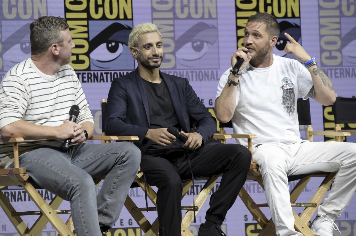 Ruben Fleischer, left, Riz Ahmed and Tom Hardy at the "Venom" panel during July's Comic-Con International in San Diego.