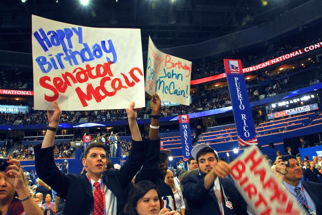 Supporters wish Sen. John McCain (R-AZ) a happy birthday in Tampa at the RNC on Aug. 29, 2012.