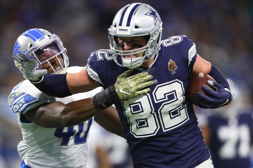 DETROIT, MI - NOVEMBER 17: Jason Witten #82 of the Dallas Cowboys makes a catch in the third quarter of the game against Jarrad Davis #40 of the Detroit Lions at Ford Field on November 17, 2019 in Detroit, Michigan. (Photo by Rey Del Rio/Getty Images)