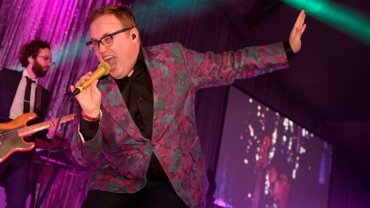 Paul Janeway of St. Paul and The Broken Bones performs during the 25th annual Elton John AIDS Foundation's Academy Awards viewing party in West Hollywood.