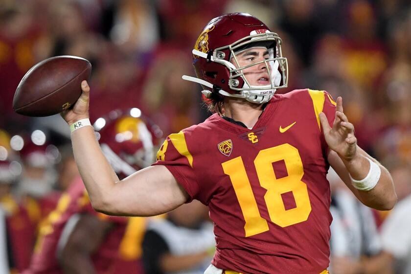 LOS ANGELES, CALIFORNIA - AUGUST 31: JT Daniels #18 of the USC Trojans makes a pass during the second quarter against the Fresno State Bulldogs at Los Angeles Memorial Coliseum on August 31, 2019 in Los Angeles, California. (Photo by Harry How/Getty Images) ** OUTS - ELSENT, FPG, CM - OUTS * NM, PH, VA if sourced by CT, LA or MoD **