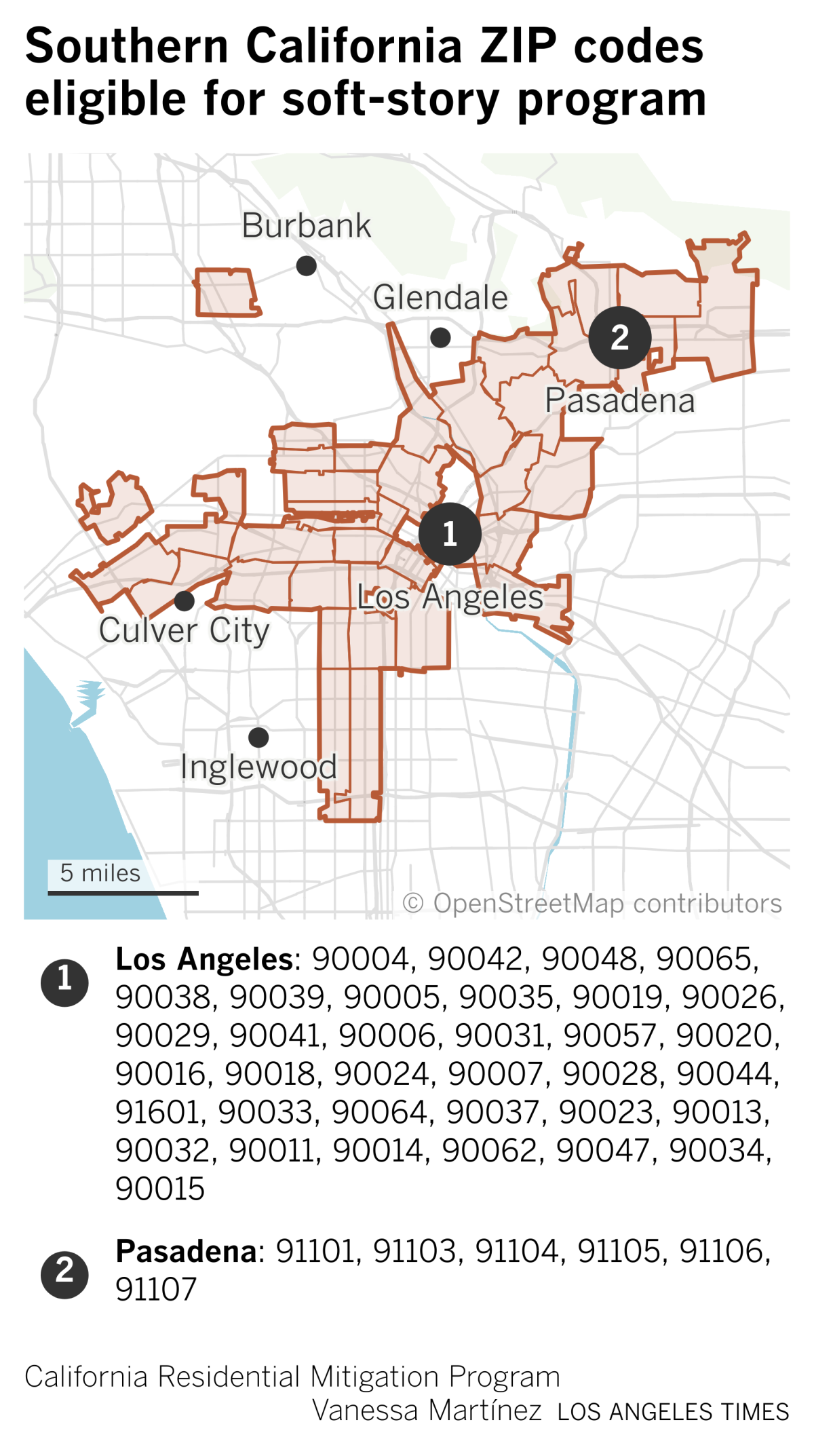 Map of zip codes in Los Angeles and Pasadena where homeowners are eligible for grants from the Earthquake Soft-Story program.