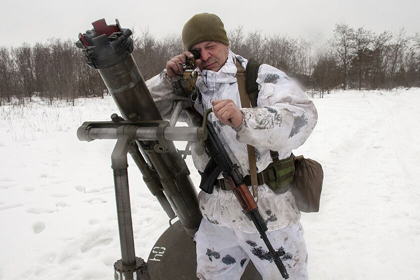 A Ukrainian soldier during military drills near Kharkiv, Ukraine, on Thursday.