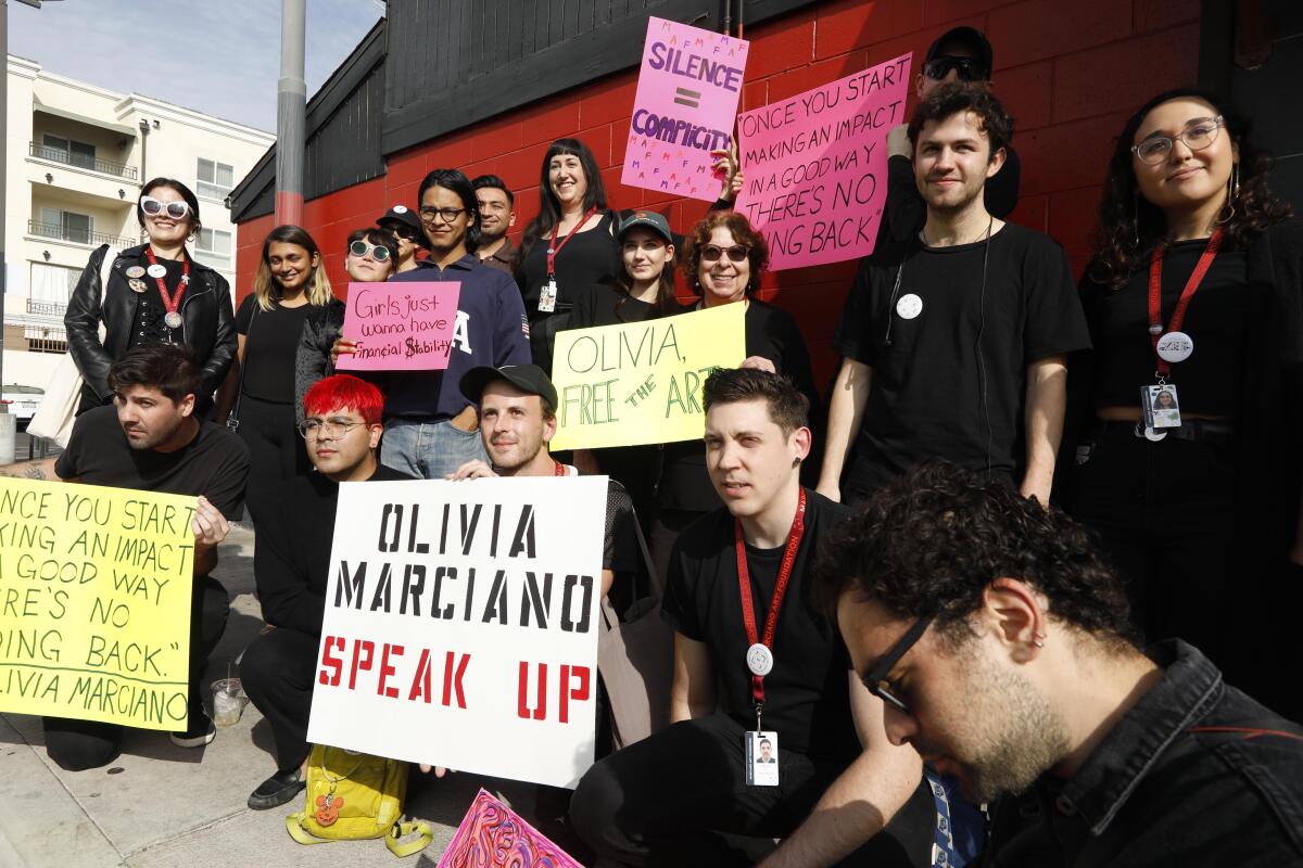 Workers from the Marciano Art Foundation protest the museum's sudden closing.