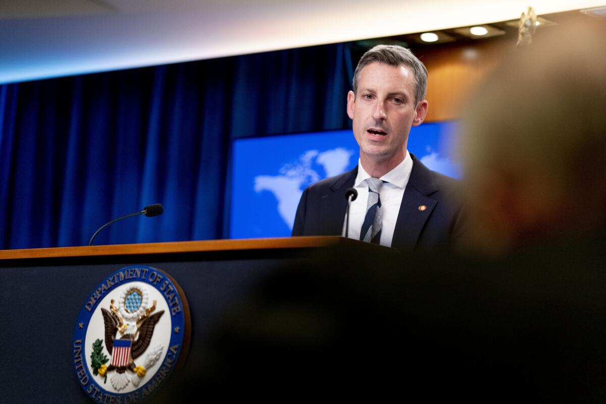 State Department spokesman Ned Price speaks during a news conference on Feb. 28.