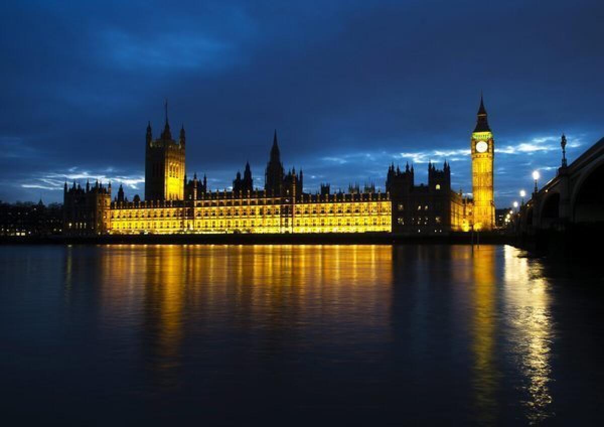 A view of the Houses of Parliament during sunset in March 2012 in London.