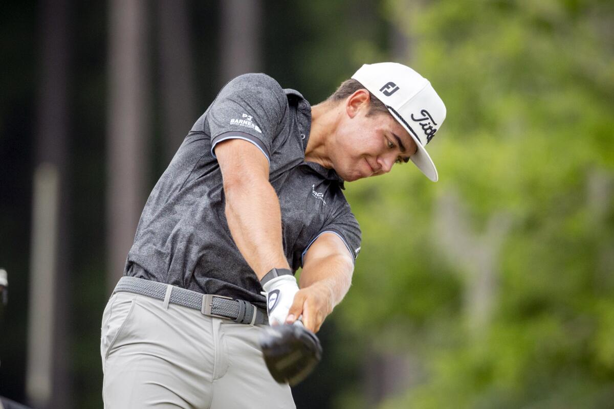 Garrick Higgo, of South Africa, hits off the third tee during the final round of the Palmetto Championship golf tournament in Ridgeland, S.C., Sunday, June 13, 2021. (AP Photo/Stephen B. Morton)