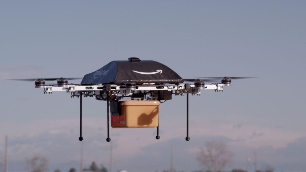 A remote aerial vehicle that online retailer Amazon.com hopes to develop to deliver goods to customers takes flight.