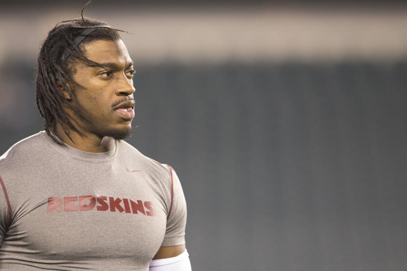 Washington quarterback Robert Griffin III is seen before a Redskins game against the Philadelphia Eagles on Dec. 26.