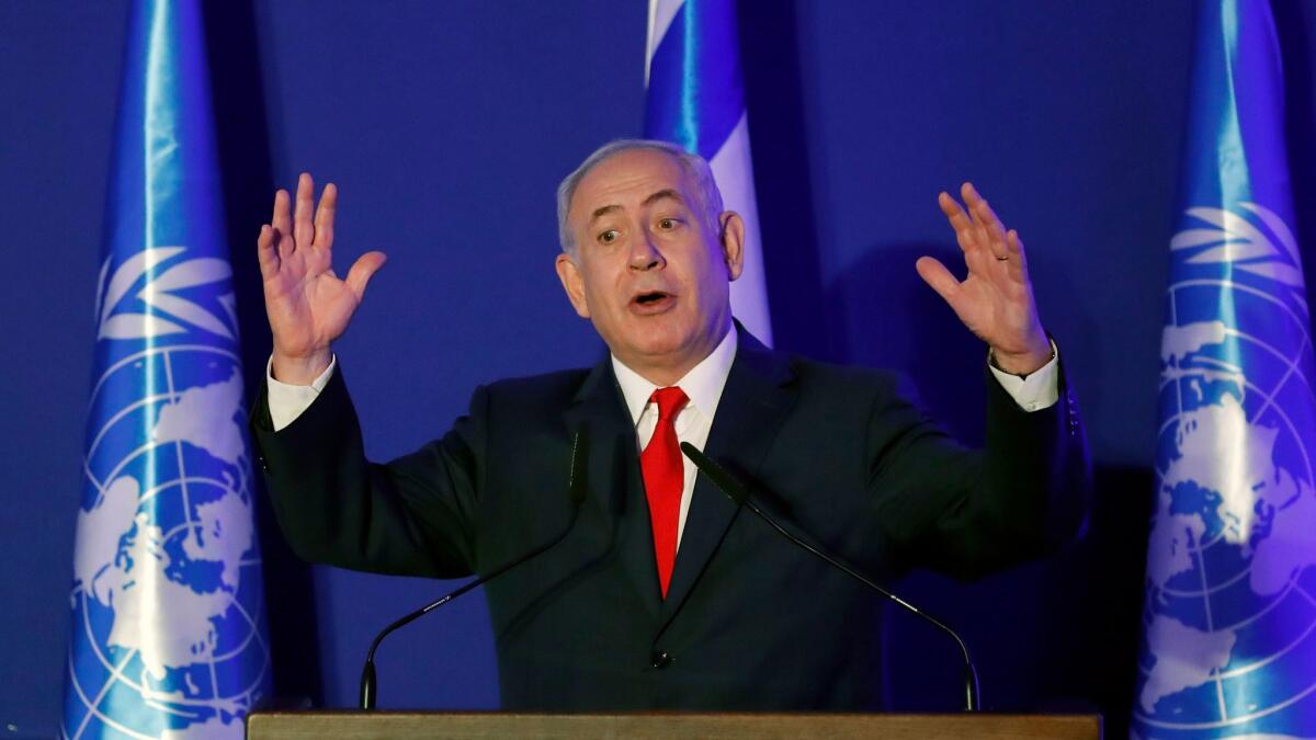 Israeli Prime Minister Benjamin Netanyahu speaks during a joint news conference with United Nations Secretary-General Antonio Guterres at the Israel Museum in Jerusalem on Aug. 28, 2017.