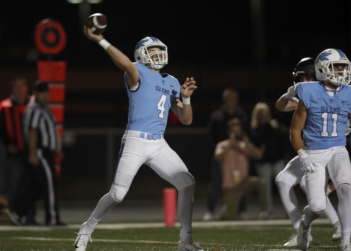 Corona del Mar High quarterback Ethan Garbers (4) threw for seven touchdowns in the team's 48-21 win over Bishop Alemany in the Division 3 semifinal.