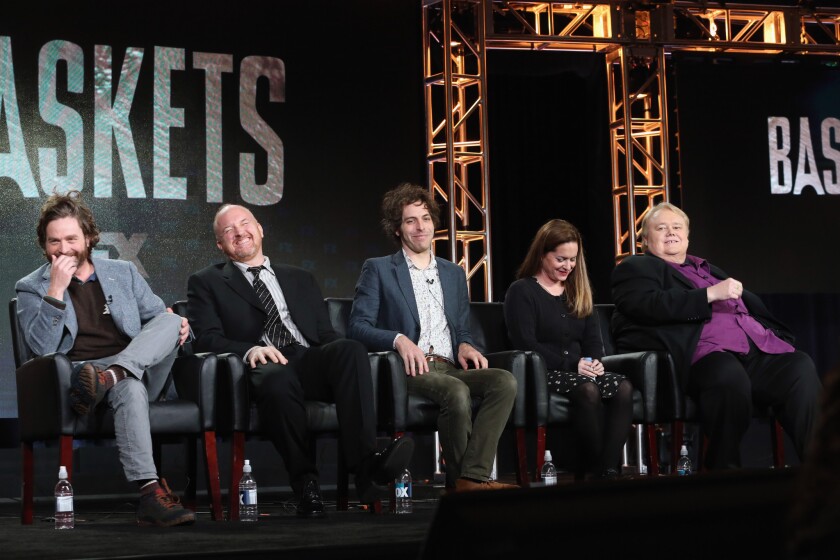 FX's new comedy "Baskets" is discussed by, from left, co-creator/star Zach Galifianakis, co-creator/executive producer Louis C.K., co-creator/executive producer/showrunner Jonathan Krisel and actors Martha Kelly and Louie Anderson.