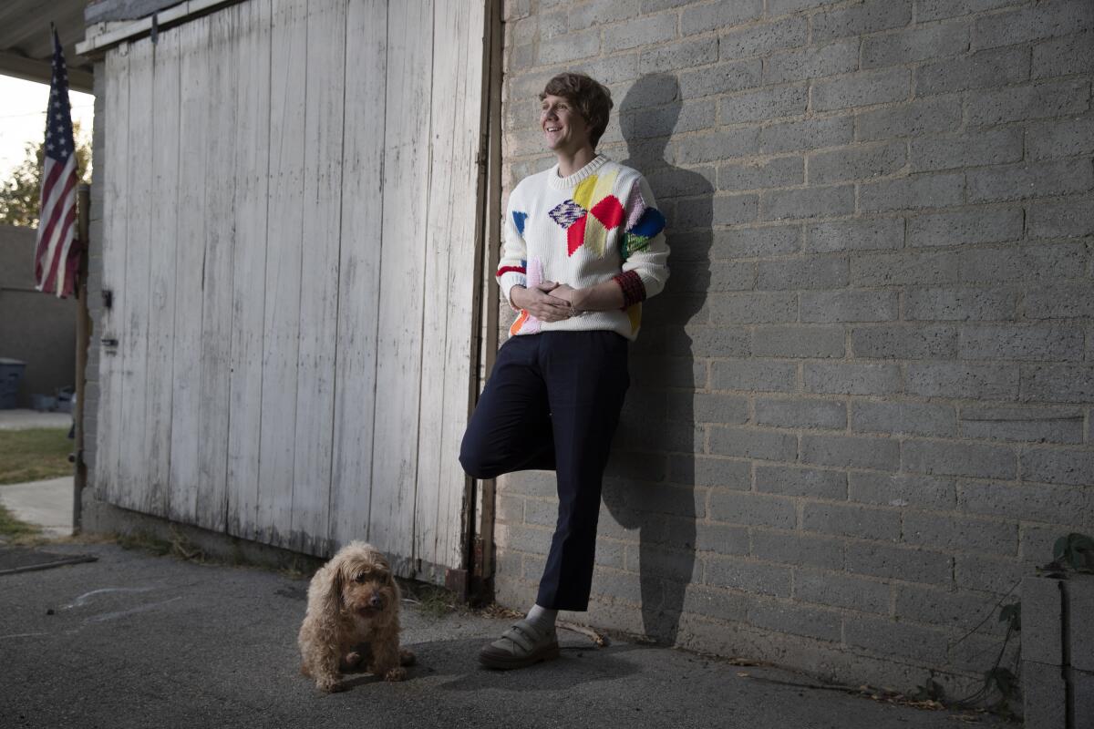 Josh Thomas with his dog, John, during post-production on "Everything's Gonna Be Okay"