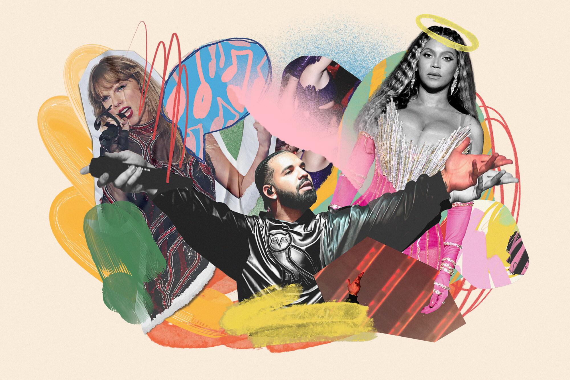 Taylor Swift, from left, Drake and Beyoncé will each perform multiple shows in L.A. this summer.