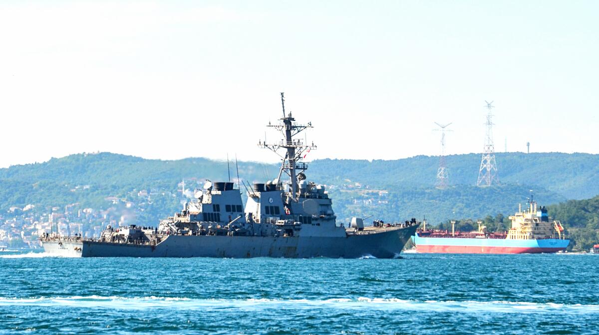 The destroyer USS Laboon passes through the Bosporus in Istanbul in June 2021.
