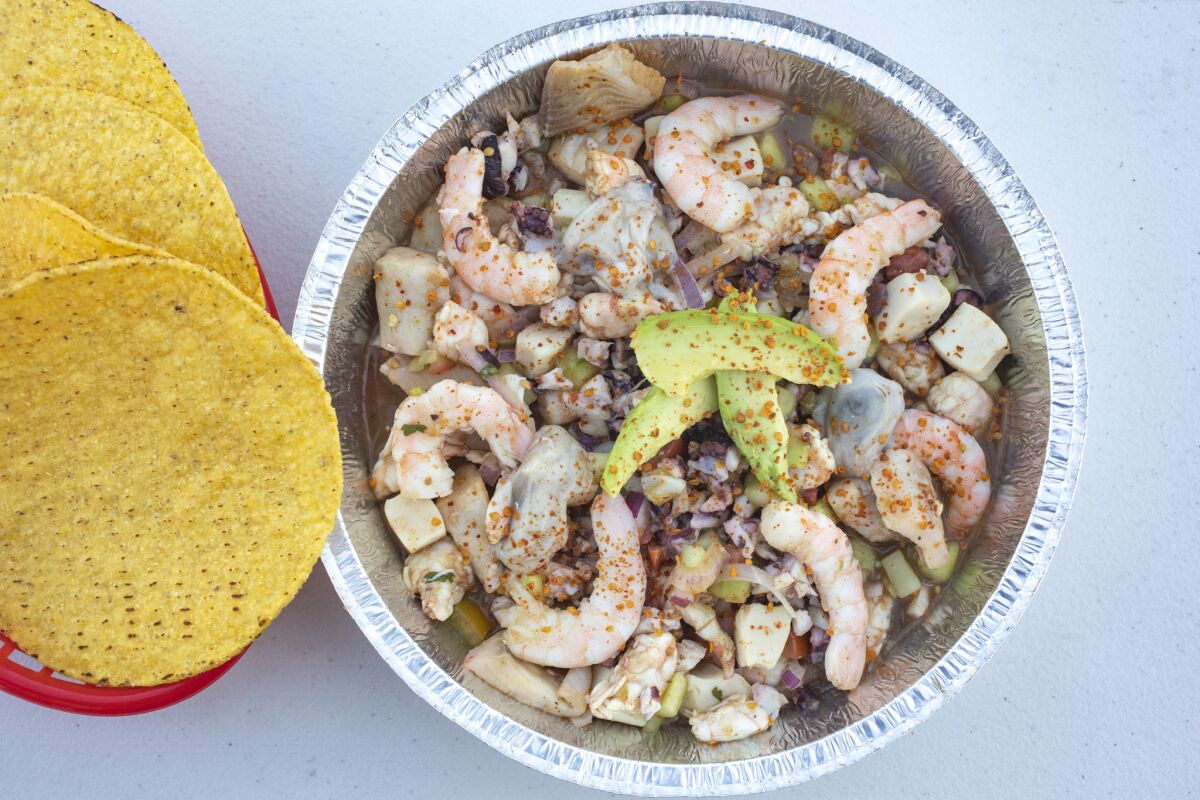 La mochila, a shrimp ceviche and fish aguachile with abalone, octopus and oysters from the El Doctor del Valle truck.