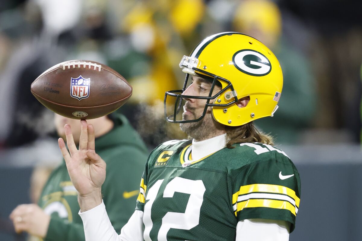 Green Bay Packers quarterback Aaron Rodgers warms up before a playoff loss to the San Francisco 49ers in January.