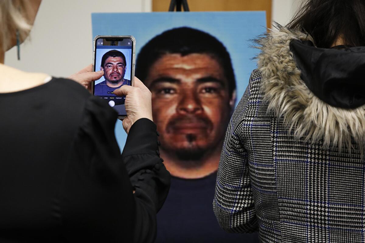 A photo of Paul Perez, 57, is displayed during a news conference in Woodland, Calif., on Monday.