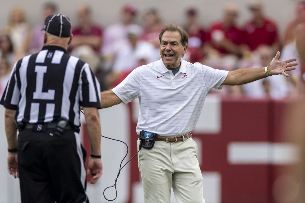 Alabama head coach Nick Saban argues a call during the second half of an NCAA college football game against Mississippi, Saturday, Oct. 2, 2021, in Tuscaloosa, Ala. (AP Photo/Vasha Hunt)